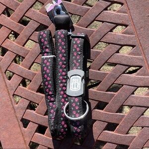 Dog It Collar & Leash Set Black With Pink & Gray Paw Prints, SilverTone…